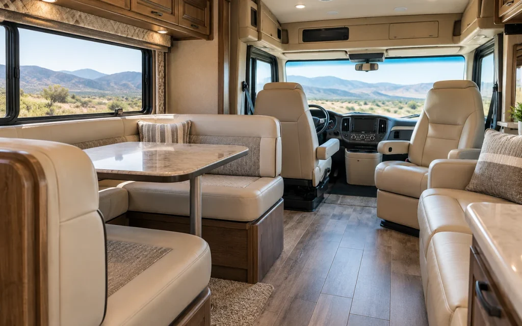 RV motorhome interior with upholstered captain's chairs and dinette seating