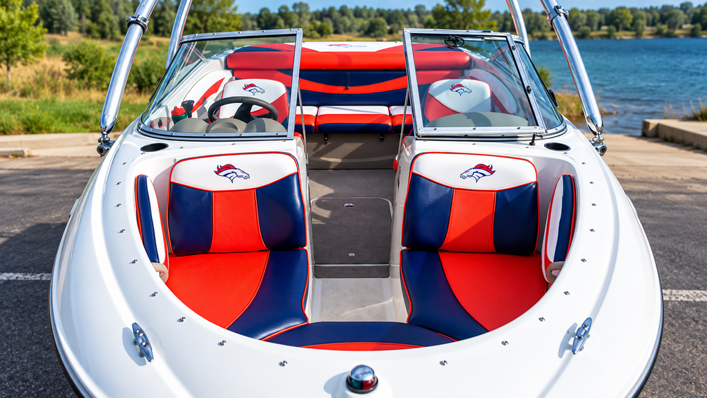 Illustrative speedboat interior with orange and blue upholstered seating in a Denver Broncos-inspired color scheme