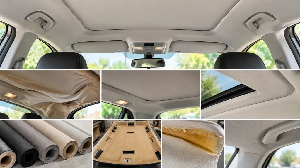 Illustration of the main steps involved in automotive headliner repair and replacement